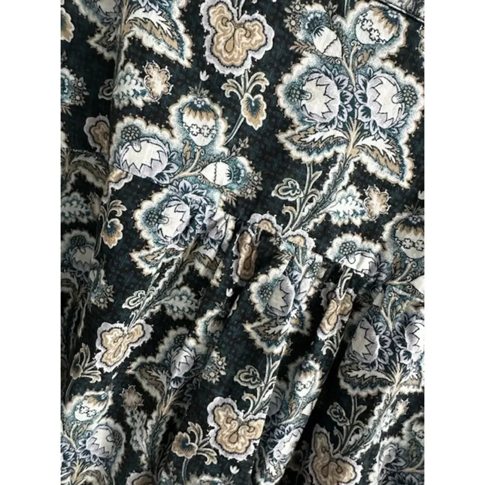 Anthropologie Floral Cotton Peasant Blouse Small Blue/Green - Picture 7 of 9